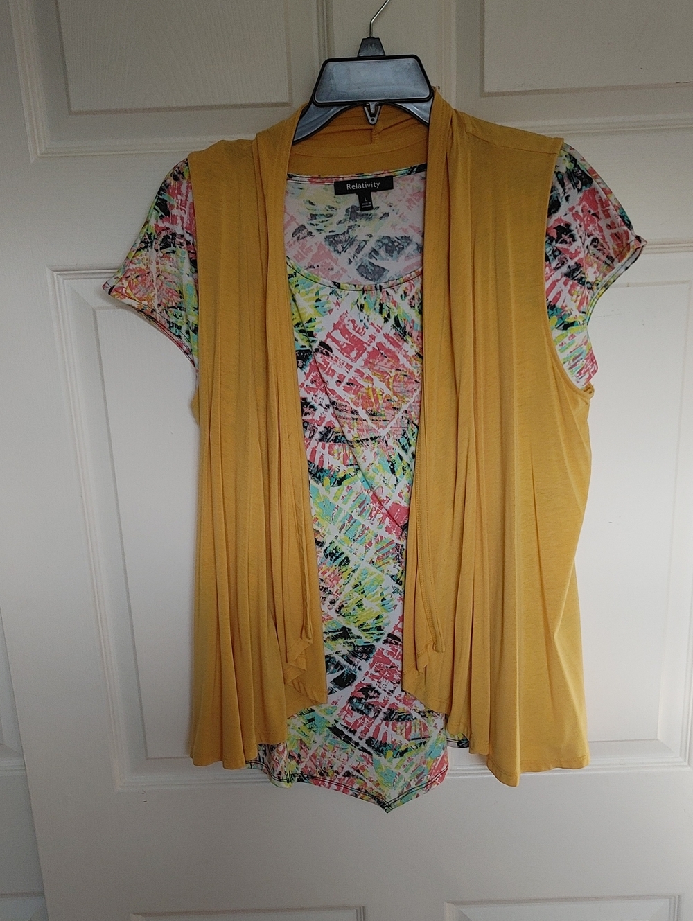 Relativity Mustard Layered Short-Sleeve Cardigan with Printed Underlayer
